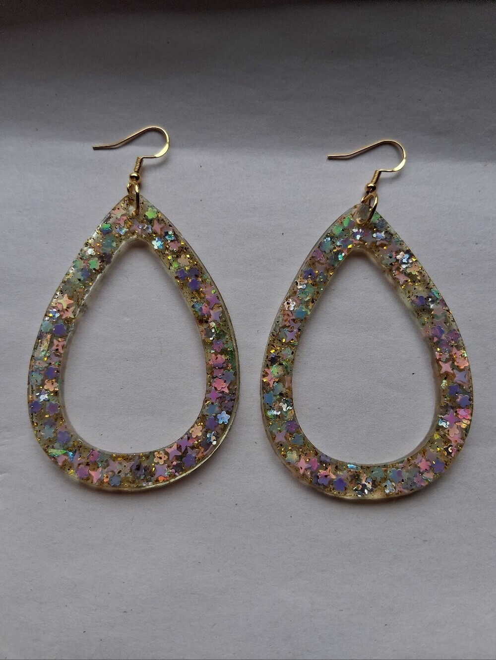 Hand Crafted Gold Teardrop Earrings with Iridescent Pastel Glitter